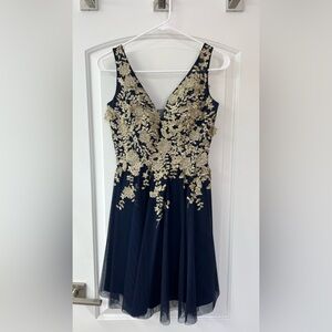 Very G Navy Blue and Gold Floral Lace Prom Dress